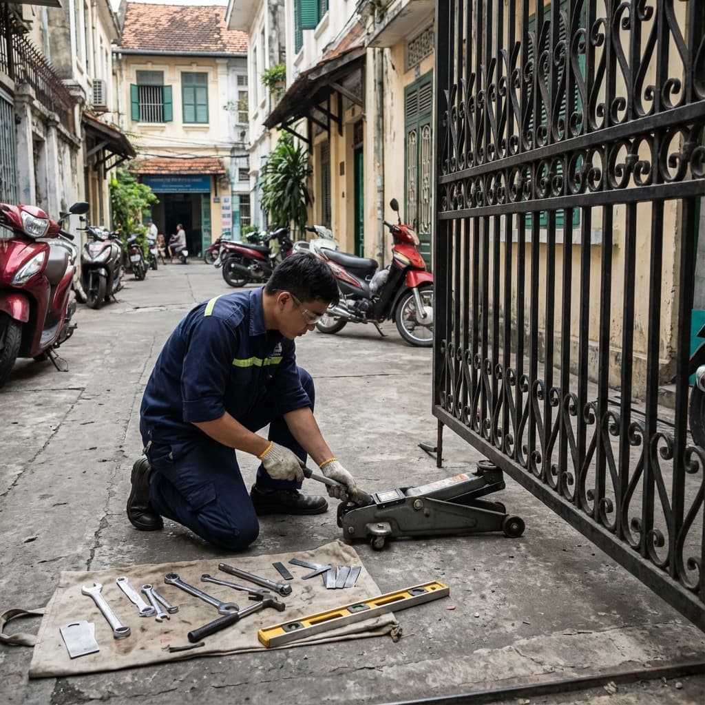 Cách sửa cửa cổng sắt 4 cánh bị xệ bản lề đơn giản tại nhà